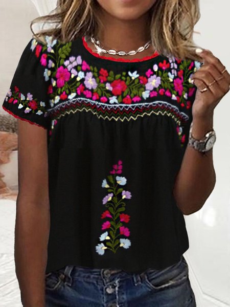 

Floral Vacation Round Neck Short Sleeve T-Shirt, Black, T-Shirts