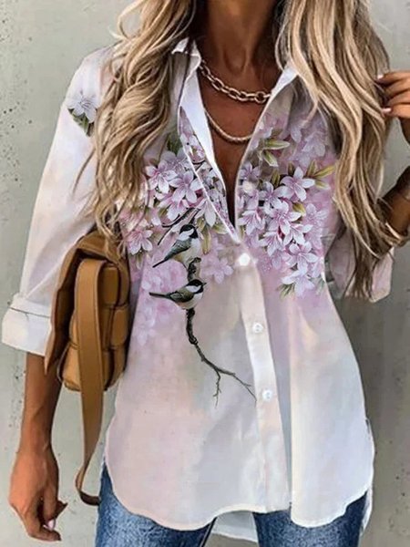 

Floral And Bird Shirt Collar Long Sleeve Blouse, Pink, Blouses & Shirts