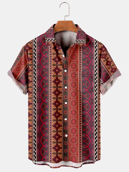 

Men's Vintage Ethnic Printed Short Sleeve Hawaiian Shirt with Chest Pocket, Red, Men's Floral shirt