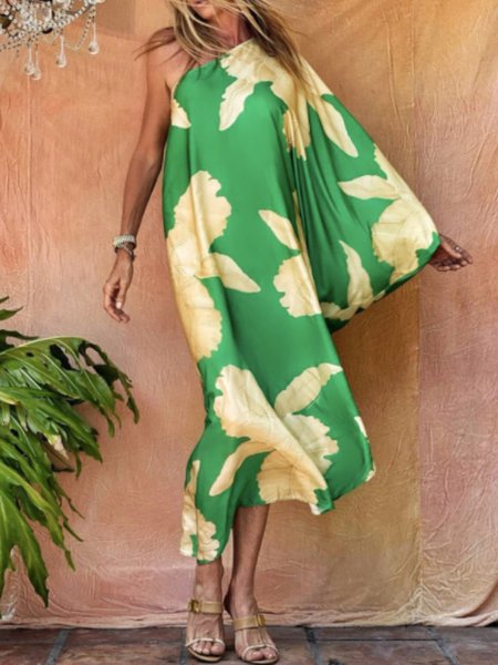 

Summer Asymmetrical Neck A-line Vacation Loosen Short Sleeve Woven Dress, Green, Midi Dresses