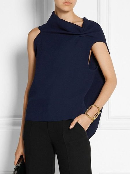 

Solid Asymmetrical Neck Simple Sleeveless Top, Deep blue, Tops