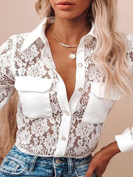 

Floral Shirt Collar Simple Long Sleeve Blouse, White, Blouses and Shirts