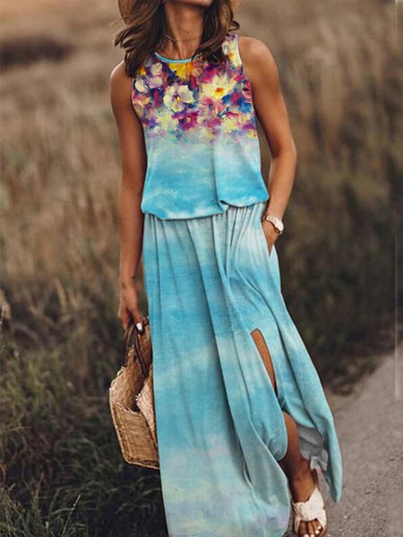 

Regular Fit Floral Sleeveless Knit Dress, Flower, Maxi Dresses