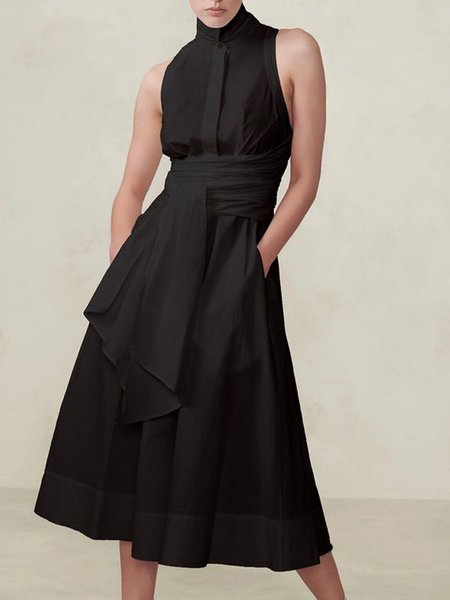 

Regular Fit Plain Simple Sleeveless Woven Midi Dress, Black, Midi Dresses
