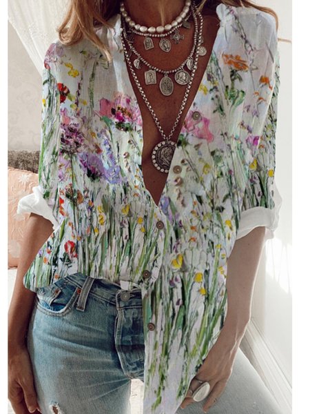

Shirt Collar Floral Regular Fit Long Sleeve Blouse, Multicolor, Blouses & Shirts