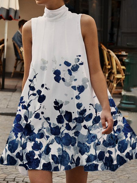 

Regular Fit Vacation Stand Collar Short Sleeve Woven Dress, Blue, Mini Dresses
