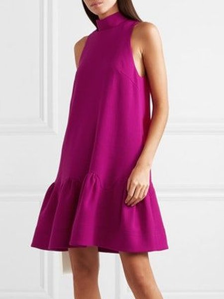 

Stand Collar Simple Loosen Short Sleeve Woven Dress, Rose red, Midi Dresses