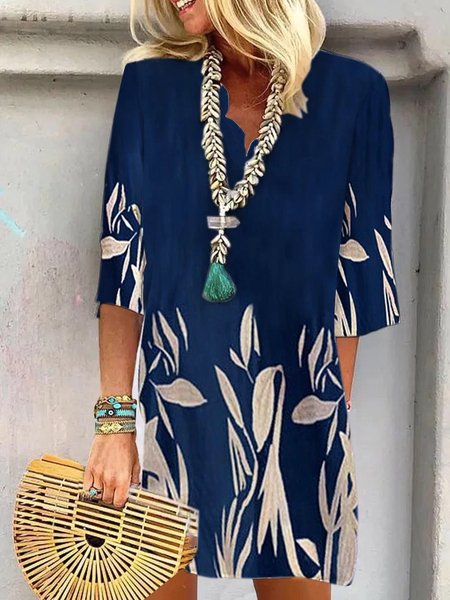 

Leaves Cotton Blends Casual Short Sleeve Woven Dress, Purplish blue, Dresses