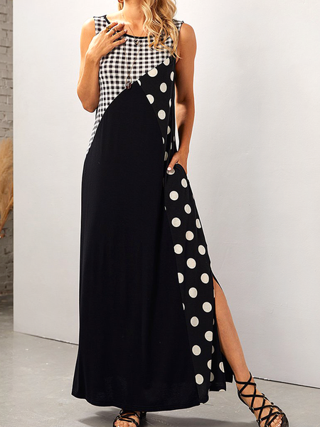 

Black and White Polka Dot Check Contrast Print Side Slit Sleeveless Resort Dress Vacation Short Sleeve Knit Dress, Dresses