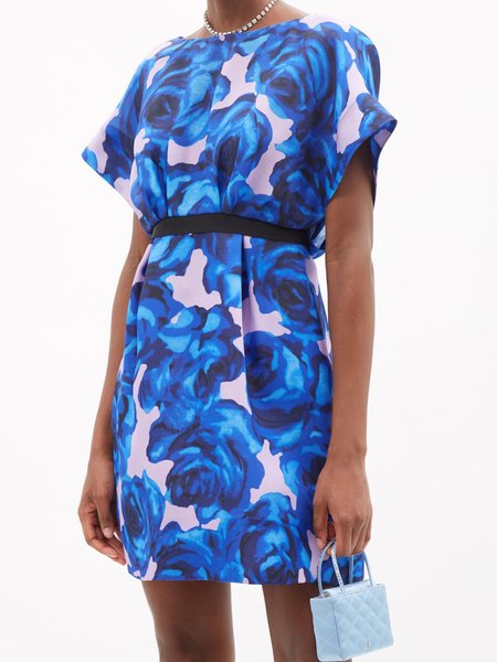 

Floral Boat Neck Elegant Short Sleeve Woven Mini Dress, Blue, Mini Dresses