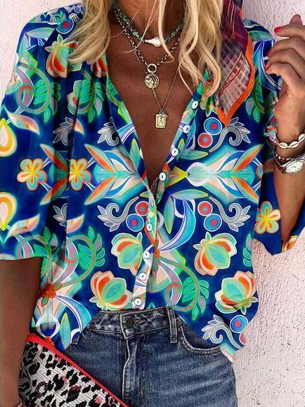 

Boho Tribal Loosen V Neck Mid Sleeve Blouse, Blue, Shirts & Blouses