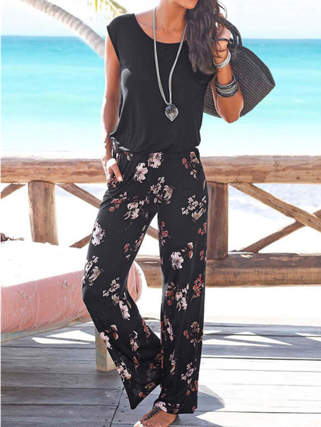 

Floral Vacation Cotton Blends Jumpsuit & Romper, Black, Jumpsuits＆Rompers