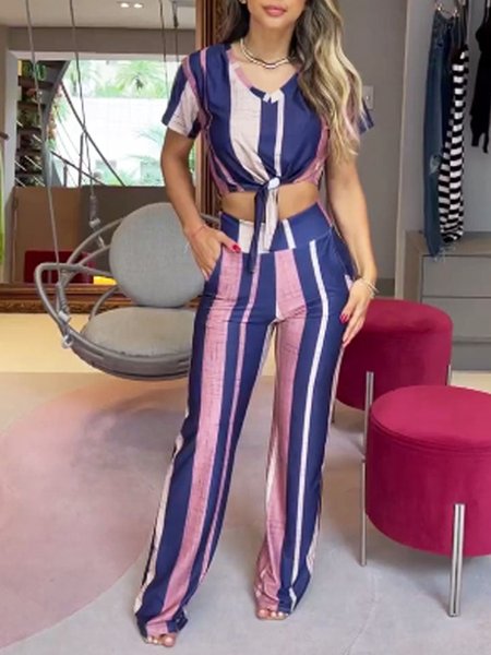 

Casual Striped V Neck Two Piece Set, Deep blue, Pants Set