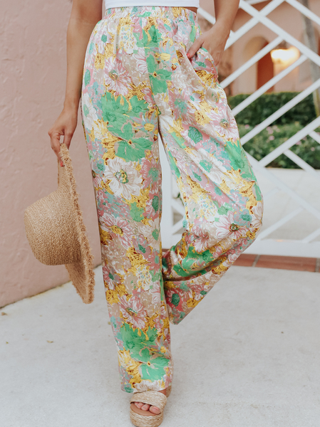 

Floral Loosen Floral Long Pants, Green, Pants