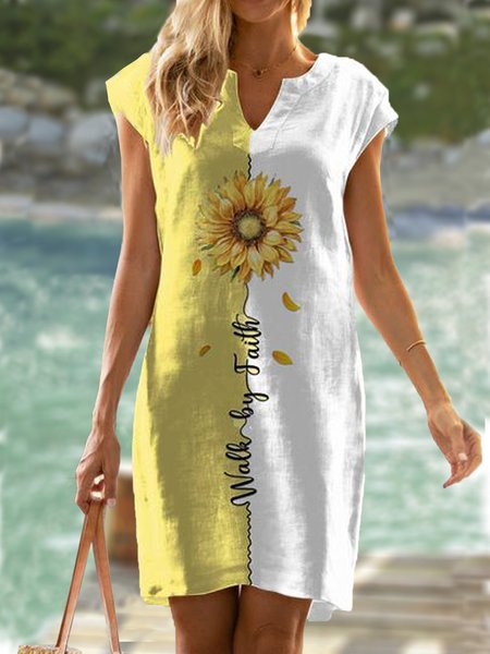 

Vacation Floral Letter Color Block Printed Loosen V Neck Midi Short Sleeve Woven Dress, Flower, Mini Dresses