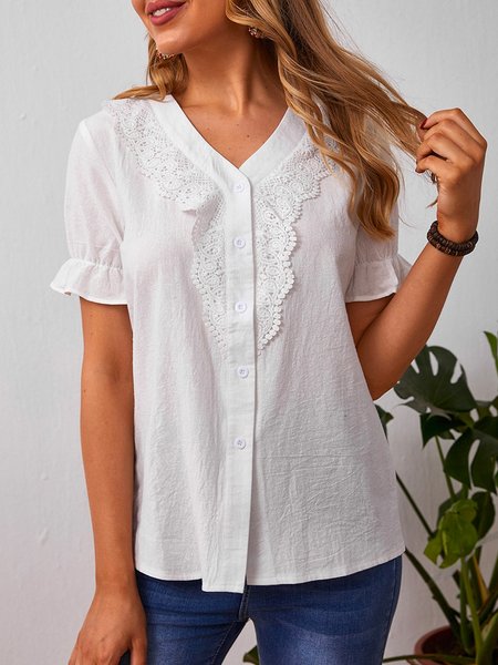 

Vneck Lace Stitching Designer Hot Style Women's Short-Sleeved Shirt, White, Shirts & Blouses