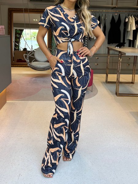 

V neck Short sleeve Abstract Two Piece Set, Blue, Pants Set