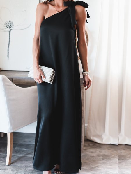 

Off The Shoulder Elegant Sleeveless Lace-up Dress, Black, Maxi Dresses