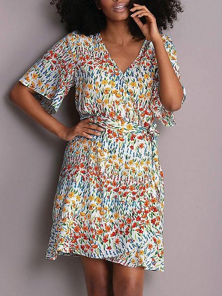 

A-line V neck Loosen Floral Short Sleeve Woven Dress, Multicolor, Dresses