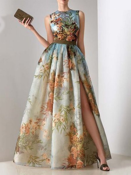 

Elegant Floral Sleeveless Woven Maxi Dress, Blue, Maxi Dresses