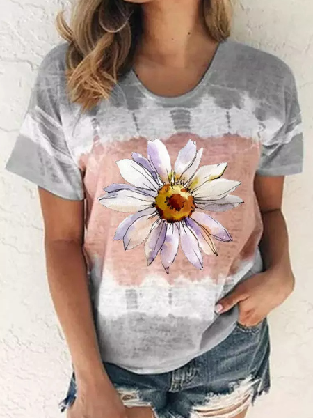 

Casual Floral Short Sleeve T-Shirt, Gray, T-Shirts