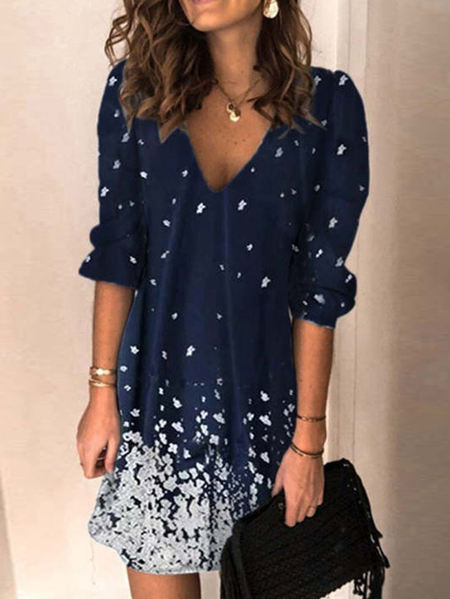 

Vacation V Neck Floral Short Sleeve Woven Dress, Blue, Mini Dresses