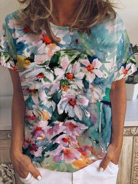 

Casual Floral Print Crew Neck Short Sleeve T-Shirt, As picture, T-shirts