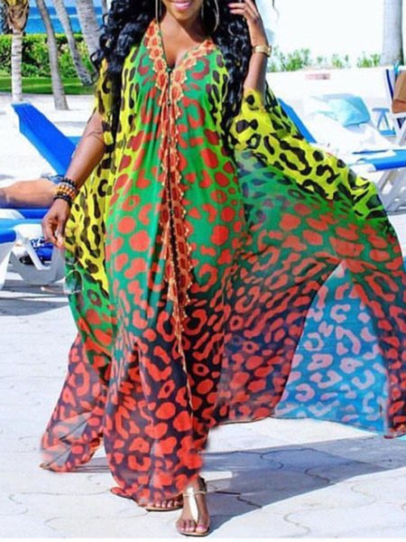 

Loosen Vacation Leopard Long Sleeve Woven Dress, Multicolor, Maxi Dresses