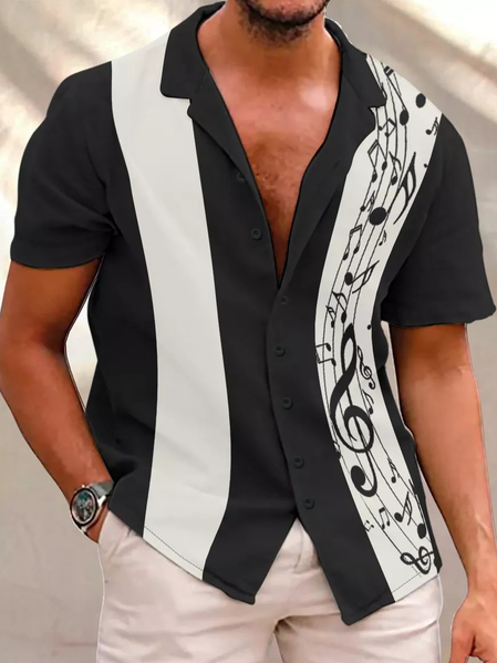 

Retro Music Printed Casual Short Sleeve Summer Shirts, Black-white, Short Sleeves Shirts