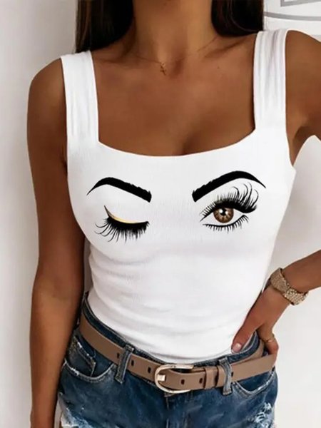 

Square Neck Skinny Figure Knit Tank, White, Tank Top