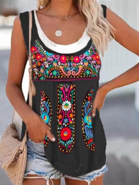 

Crew Neck Casual Regular Fit Knit Tank, Black, Tank Top