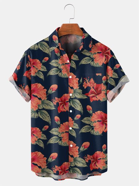 

Mens Tropical Floral Print Casual Hydrocool Fabric Breathable Chest Pocket Short Sleeve Shirt, Navyblue, Men's Floral shirt