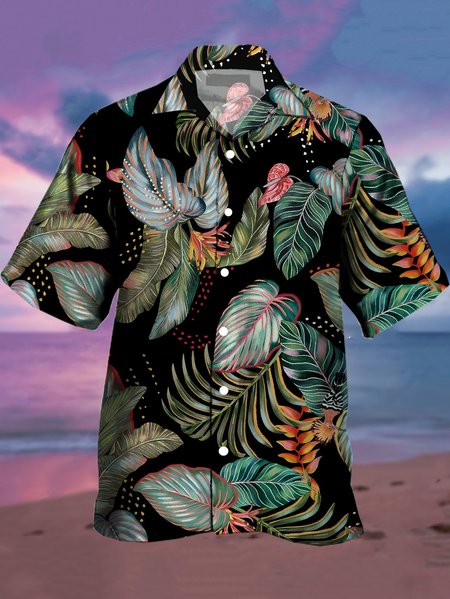

Mens Tropical Leaves Print Hydrocool Fabric Quick Dry Casual Breathable Short Sleeve Shirt, Black, Men's Floral shirt