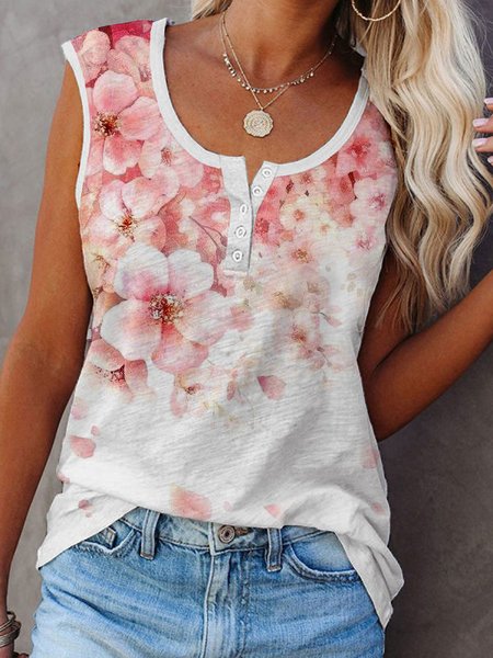 

Buttoned Casual Floral Sleeveless T-Shirt, Pink, Tank Tops & Camis