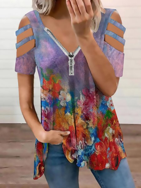 

Casual Floral Gradient Print V-Neck Short Sleeve Top, As picture, Blouses