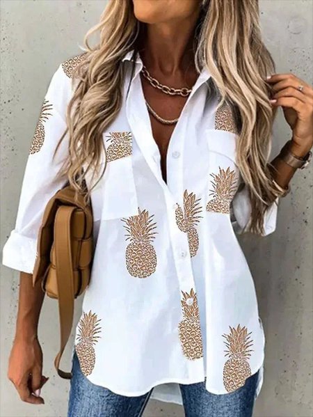 

Casual Pineapple Shirt Collar Long Sleeve Tunic Blouse, White, Shirts