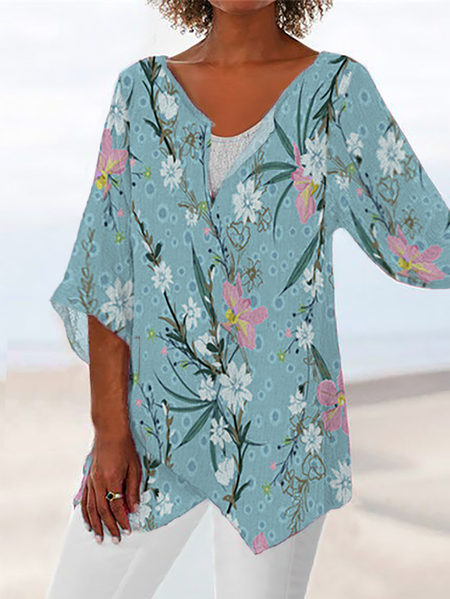 

Plus size Casual Floral Half Sleeve Tops, Blue, Tops