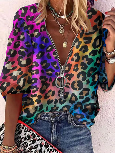 

Boho V Neck Leopard Short Sleeve Tops, Multicolor, Shirts & Blouses