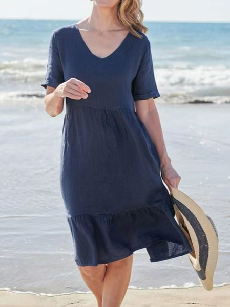 

Loosen Short Sleeve Woven Dress, Navy blue, Dresses
