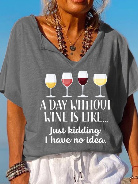 

Wine Letter V Neck Casual Short Sleeve T-Shirt, Gray, T-shirts