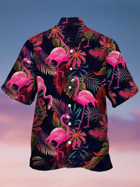 

Mens Botanical Flamingo Print Casual Short Sleeve Shirt Hawaiian Funky Colorful Top, Red, Short Sleeve Shirts