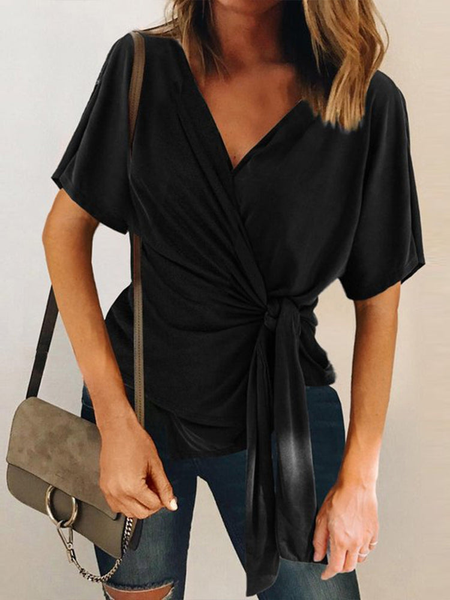 

Casual V neck Lace-Up Basics Plain Short Sleeve Tops, Black, Shirts & Blouses
