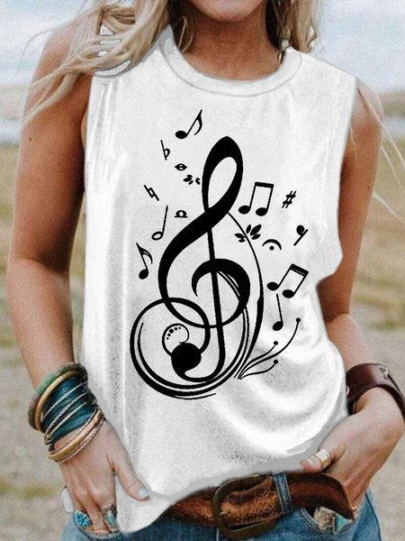 

Cute Women's Musical Note Print Knit Tank, White, Tank Tops