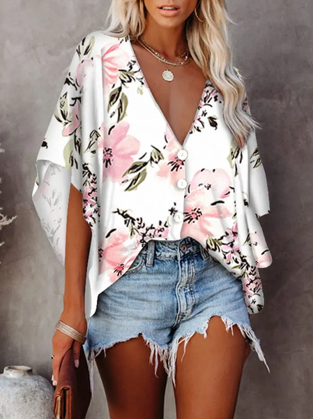 

Batwing Casual Floral V Neck Mid Sleeve Blouse, White, Shirts & Blouses