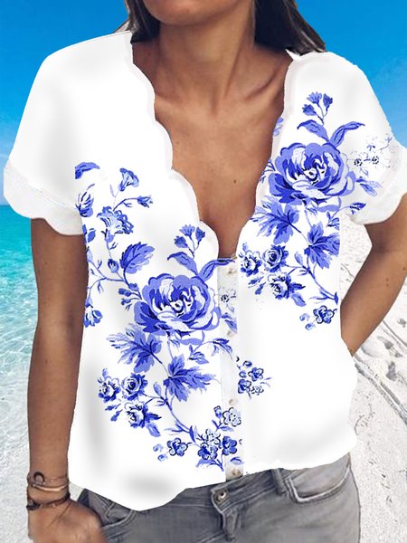 

V Neck Floral Vacation Short Sleeve Blouse, Blue, Blouses & Shirts
