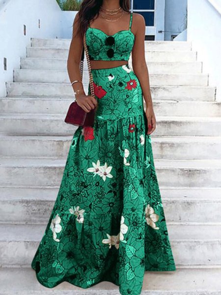 

Vacation Floral Printed Top With Skirt Sets, Green, Dress&Skirts Set