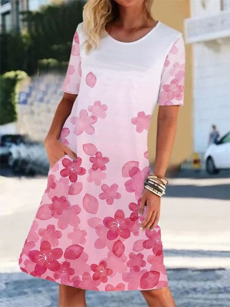 

Pink Floral Printed Round Neck Short Sleeve Knee-length Dress, Mini Dresses