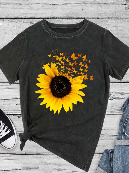 

Butterfly Sunflower Women's Short Sleeve T-Shirt, As picture, T-shirts