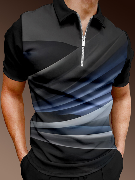 

Casual Art Series Gradient 3D Stripes Geometric Lapel Short Sleeve Polo Print Top, Black, Men's t-shirts