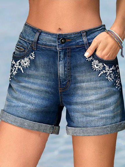 

Casual Embroidered Floral Loosen Denim Shorts, Blue, Shorts